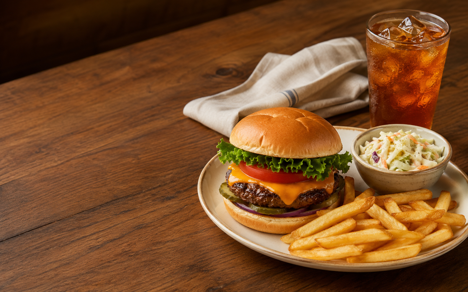 Classic cheeseburger, fries, coleslaw and iced tea on a warm wooden table